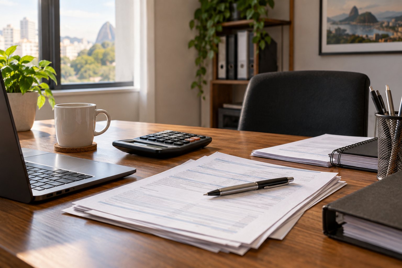 Mesa de trabalho em um escritório de contabilidade